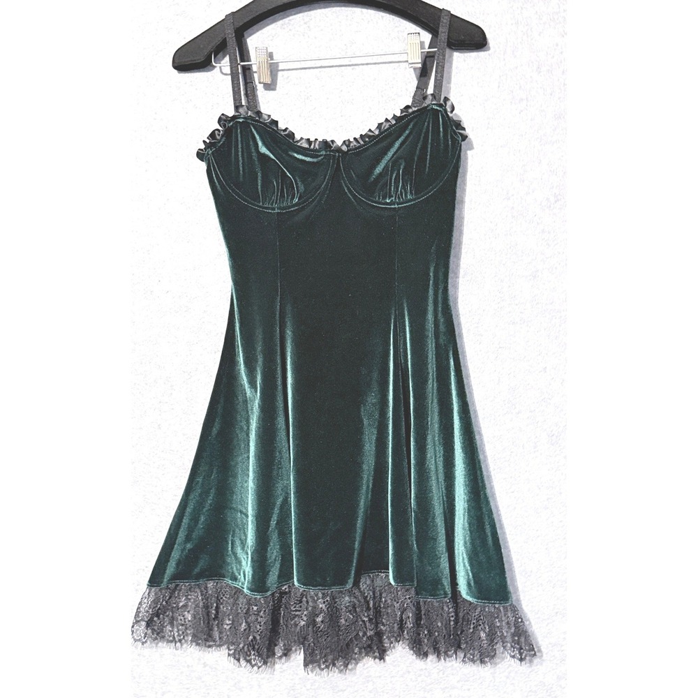 Widow Mini Dress S Green Velvet Lace Trim Bustier Gothic Dark Coquette Victorian